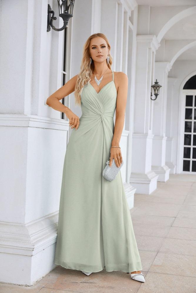 Ladies Chiffon Spaghetti Strap V Neck Front Slit Floor Length Bridesmaid Evening Dress Prom Party Wedding Evening Dress 28116-numbersea