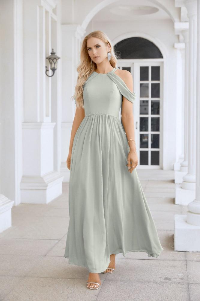 Ladies Chiffon Off Shoulder Swing Sleeve Front Slit Bridesmaid Evening Dress Wedding Party Evening Dress 28117-numbersea