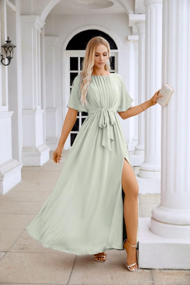 Ladies Chiffon Sleeve Crew Neck Front Slit Floor Length Bridesmaid Evening Dress Wedding Party Evening Dress 28124-numbersea