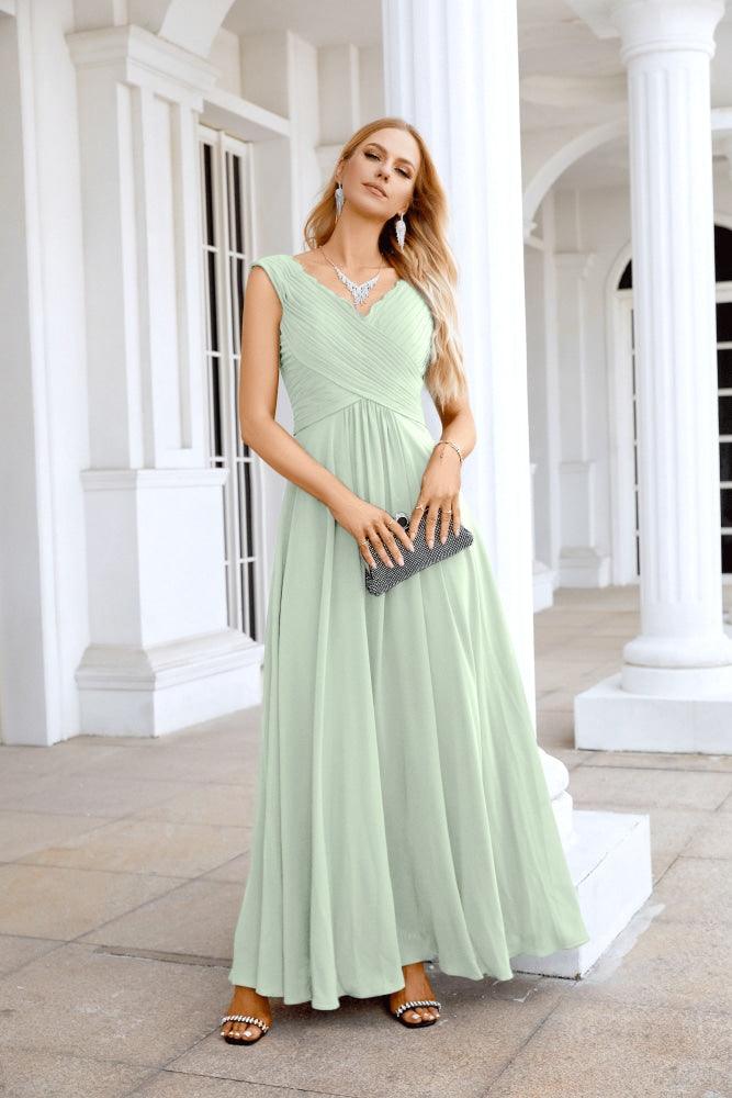 Ladies Chiffon V Neck Sleeveless Floor Length Bridesmaid Evening Dress Wedding Party Evening Dress 28126-numbersea
