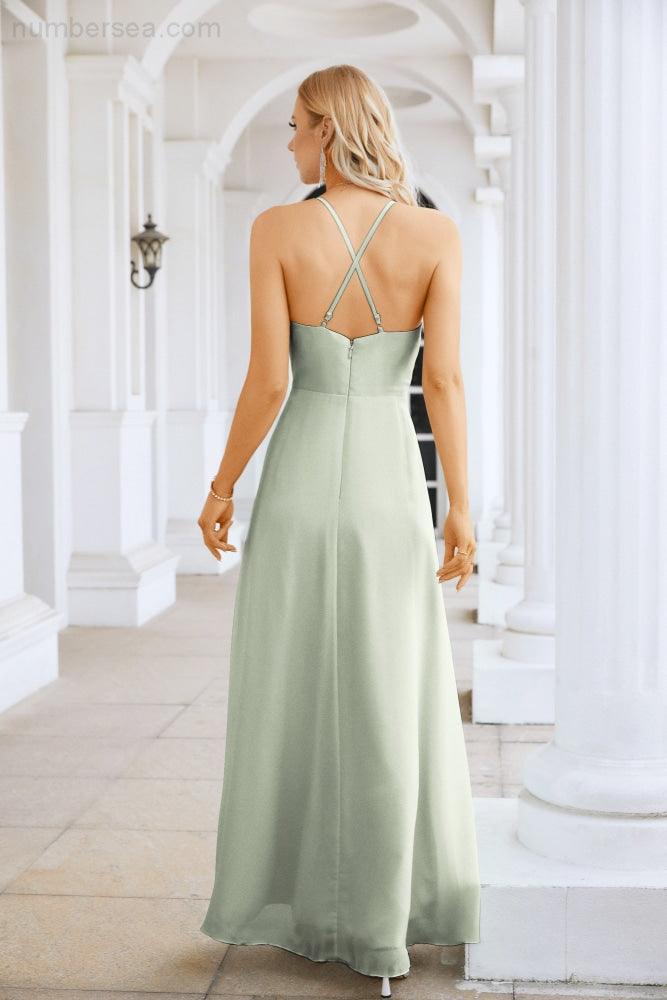 Ladies Chiffon Spaghetti Strap V Neck Front Slit Floor Length Bridesmaid Evening Dress Prom Party Wedding Evening Dress 28116-numbersea