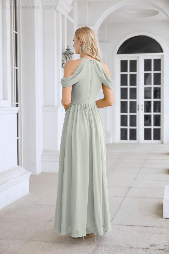 Ladies Chiffon Off Shoulder Swing Sleeve Front Slit Bridesmaid Evening Dress Wedding Party Evening Dress 28117-numbersea