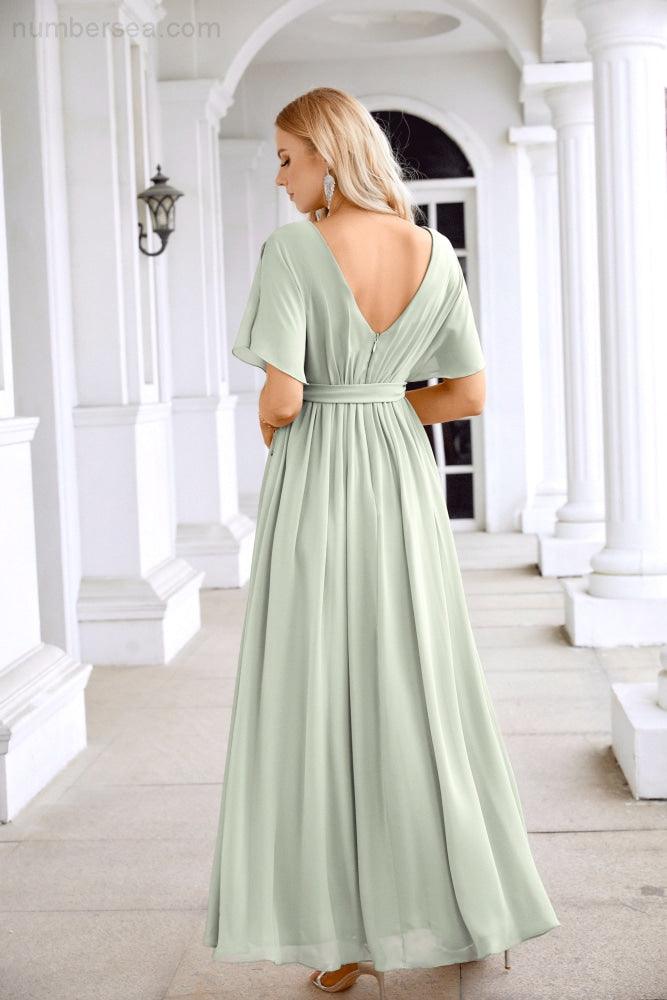 Ladies Chiffon Sleeve Crew Neck Front Slit Floor Length Bridesmaid Evening Dress Wedding Party Evening Dress 28124-numbersea