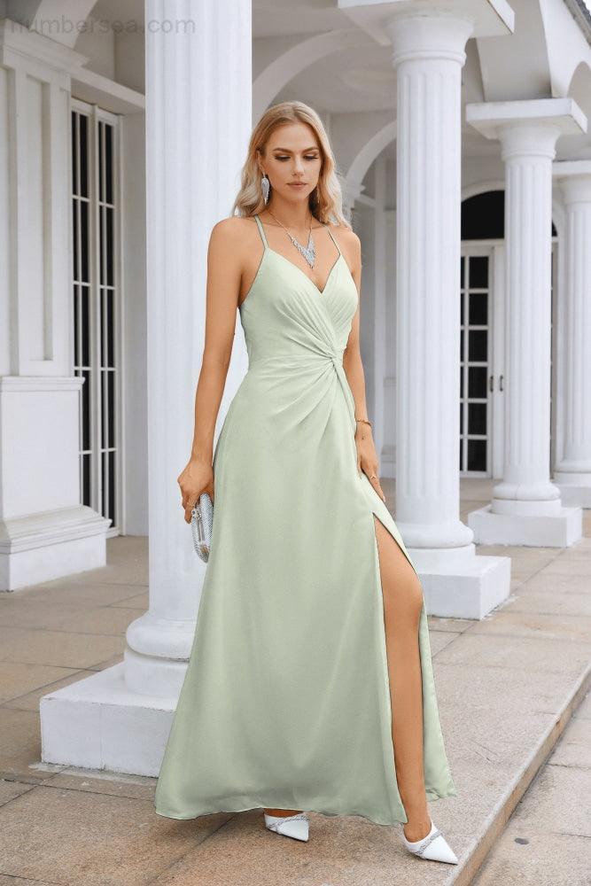 Ladies Chiffon Spaghetti Strap V Neck Front Slit Floor Length Bridesmaid Evening Dress Prom Party Wedding Evening Dress 28116-numbersea