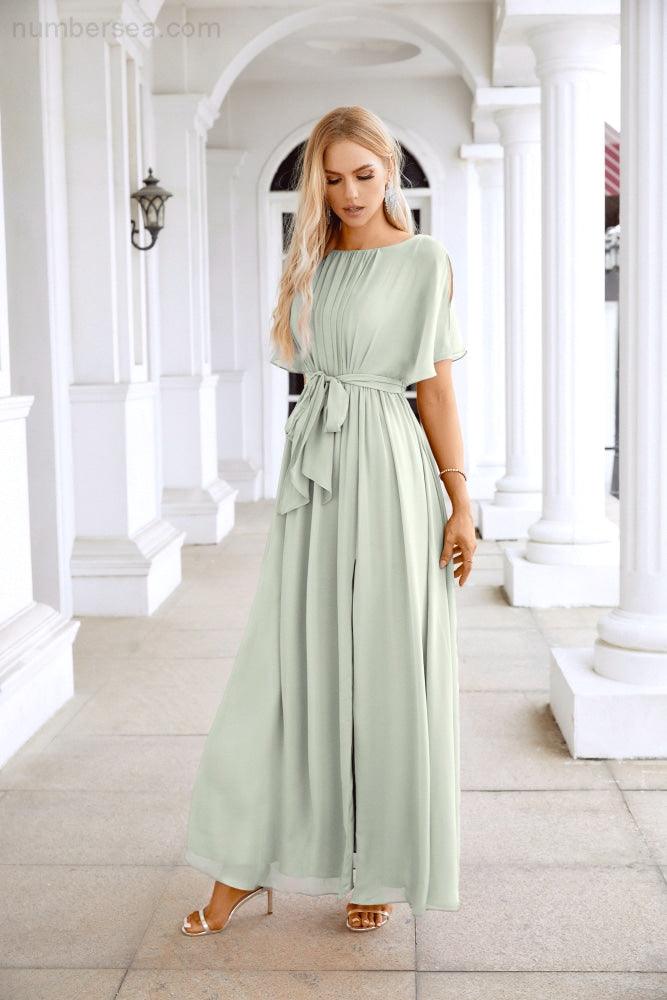 Ladies Chiffon Sleeve Crew Neck Front Slit Floor Length Bridesmaid Evening Dress Wedding Party Evening Dress 28124-numbersea