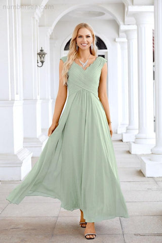 Ladies Chiffon V Neck Sleeveless Floor Length Bridesmaid Evening Dress Wedding Party Evening Dress 28126-numbersea