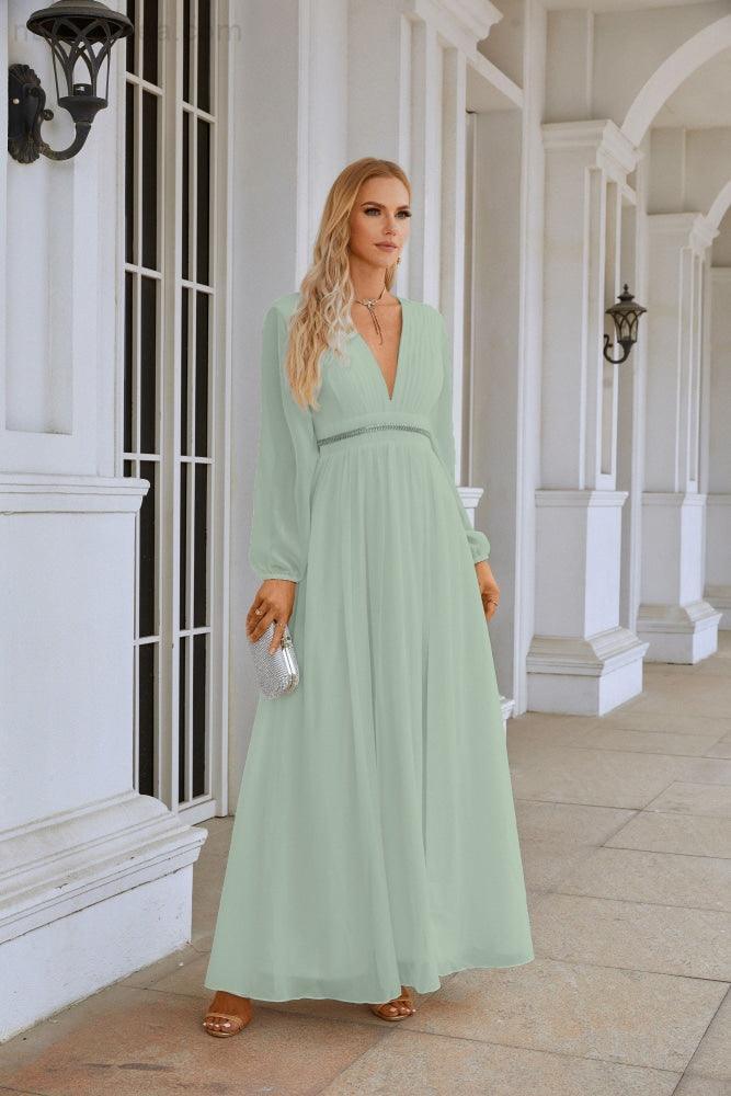 Ladies V Neck Chiffon Long Sleeve Front Slit Bridesmaid Evening Dress Wedding Party Shopping Evening Dress 28109-numbersea