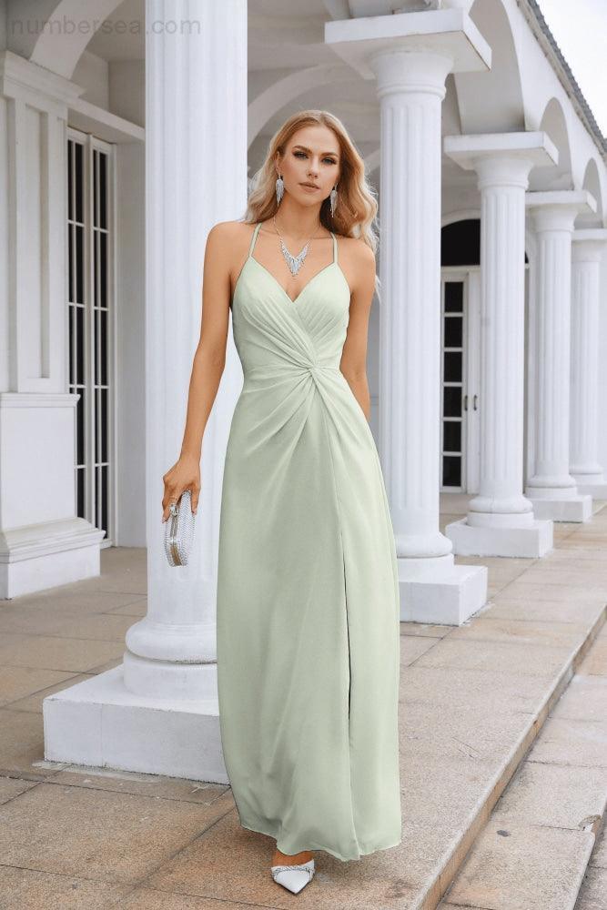 Ladies Chiffon Spaghetti Strap V Neck Front Slit Floor Length Bridesmaid Evening Dress Prom Party Wedding Evening Dress 28116-numbersea