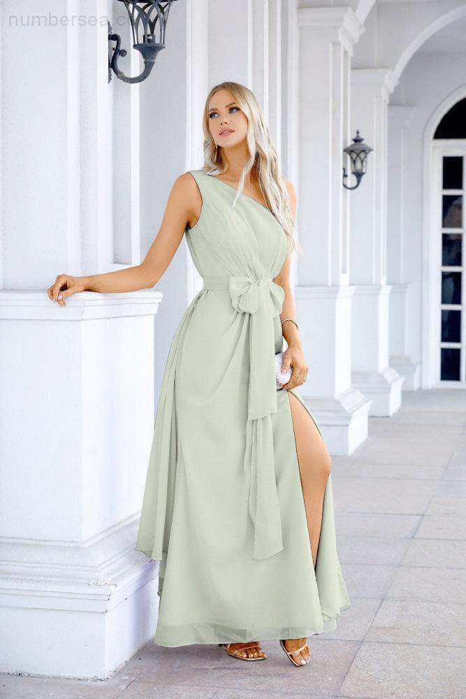 Ladies Chiffon One Shoulder Bridesmaid Evening Dress Wedding Party Evening Dress 28133-numbersea