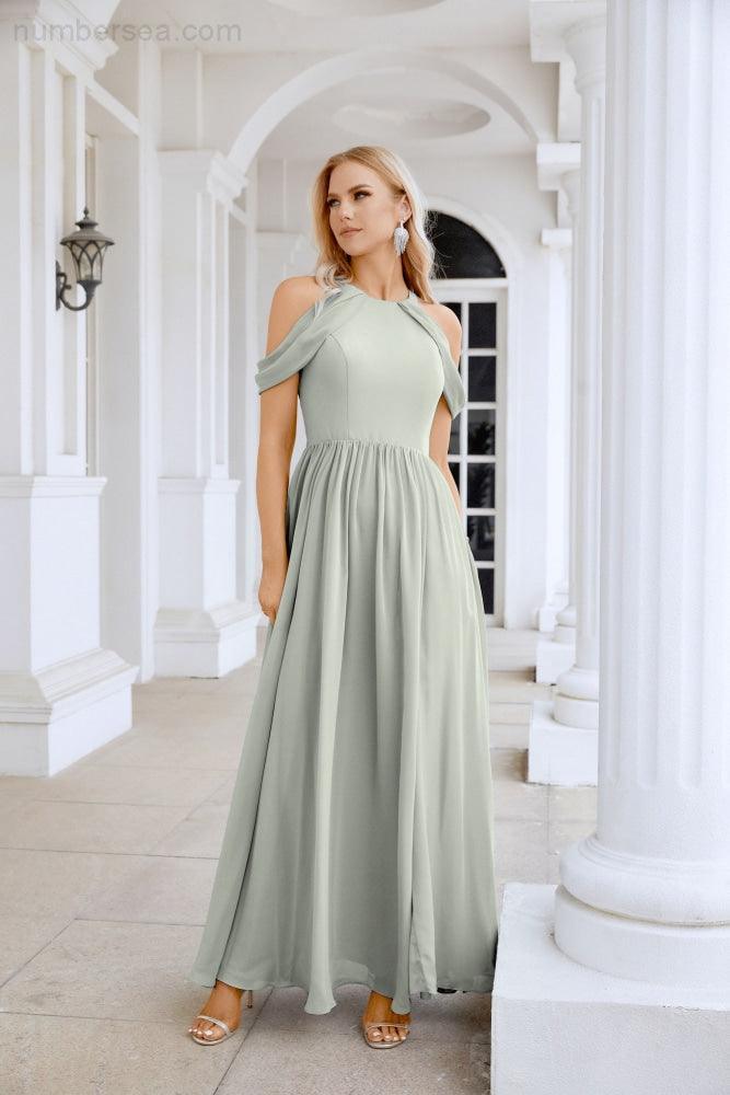 Ladies Chiffon Off Shoulder Swing Sleeve Front Slit Bridesmaid Evening Dress Wedding Party Evening Dress 28117-numbersea