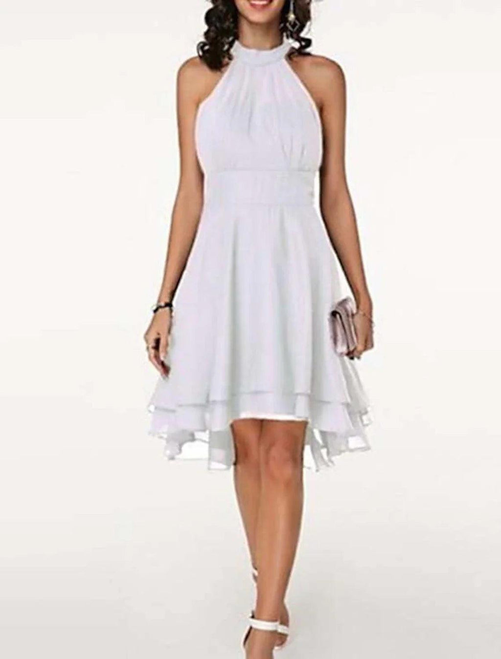 Vestido de fiesta elegante con capas, de gasa, sin mangas, hasta la rodilla, con escote en V y espalda en V para invitados de boda
