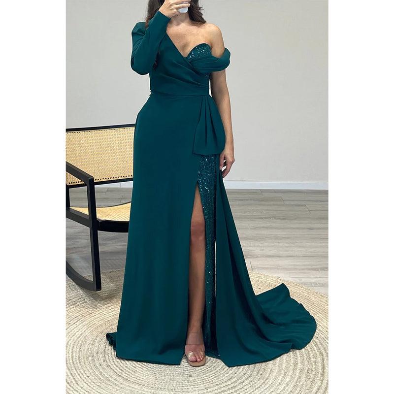 Vestido de fiesta largo de corte A con cuentas y un hombro sexy 