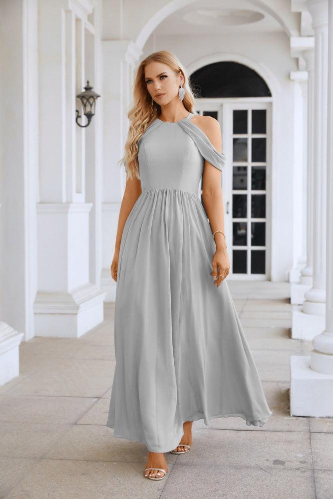 Ladies Chiffon Off Shoulder Swing Sleeve Front Slit Bridesmaid Evening Dress Wedding Party Evening Dress 28117-numbersea