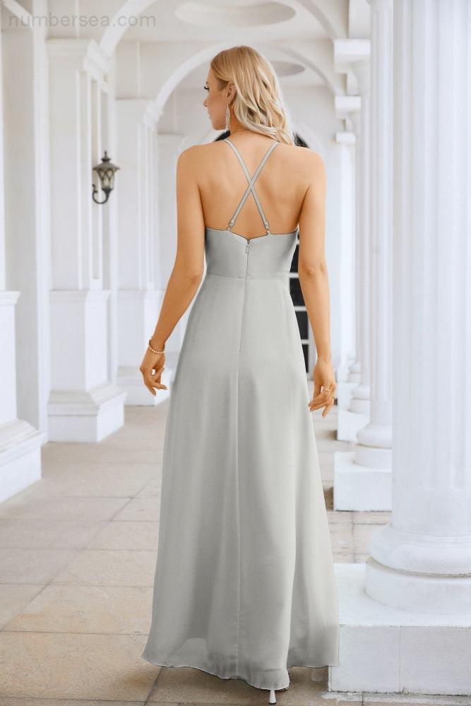 Ladies Chiffon Spaghetti Strap V Neck Front Slit Floor Length Bridesmaid Evening Dress Prom Party Wedding Evening Dress 28116-numbersea