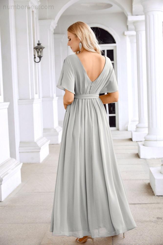 Ladies Chiffon Sleeve Crew Neck Front Slit Floor Length Bridesmaid Evening Dress Wedding Party Evening Dress 28124-numbersea