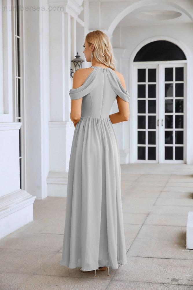 Ladies Chiffon Off Shoulder Swing Sleeve Front Slit Bridesmaid Evening Dress Wedding Party Evening Dress 28117-numbersea