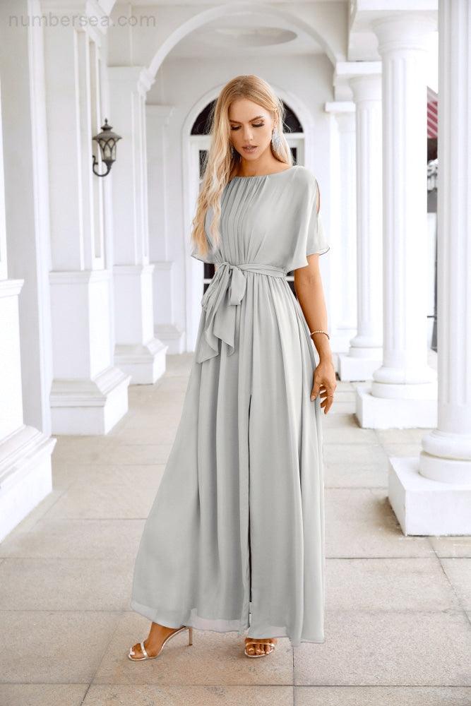 Ladies Chiffon Sleeve Crew Neck Front Slit Floor Length Bridesmaid Evening Dress Wedding Party Evening Dress 28124-numbersea