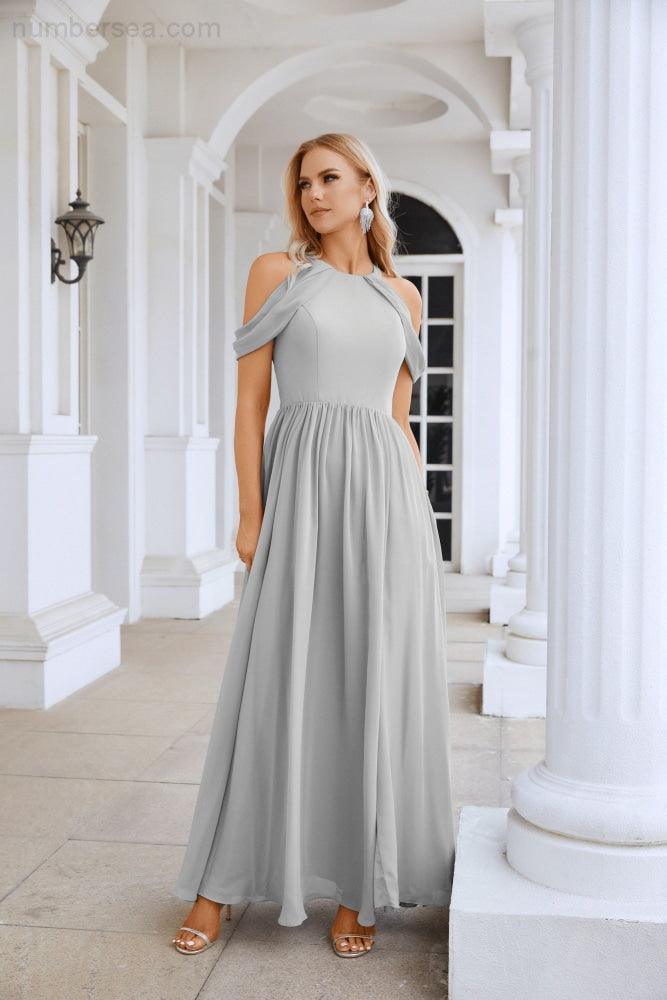 Ladies Chiffon Off Shoulder Swing Sleeve Front Slit Bridesmaid Evening Dress Wedding Party Evening Dress 28117-numbersea