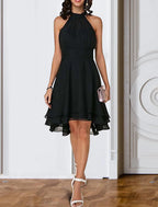 Vestido de fiesta elegante con capas, de gasa, sin mangas, hasta la rodilla, con escote en V y espalda en V para invitados de boda