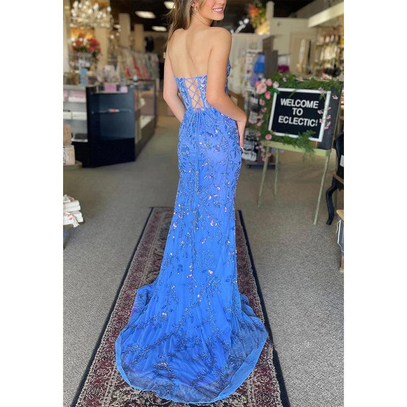 Vestido de noche para fiesta de graduación con apliques de encaje, escote corazón, sin tirantes, ilusión y cola con abertura lateral 