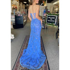 Vestido de noche para fiesta de graduación con apliques de encaje, escote corazón, sin tirantes, ilusión y cola con abertura lateral 
