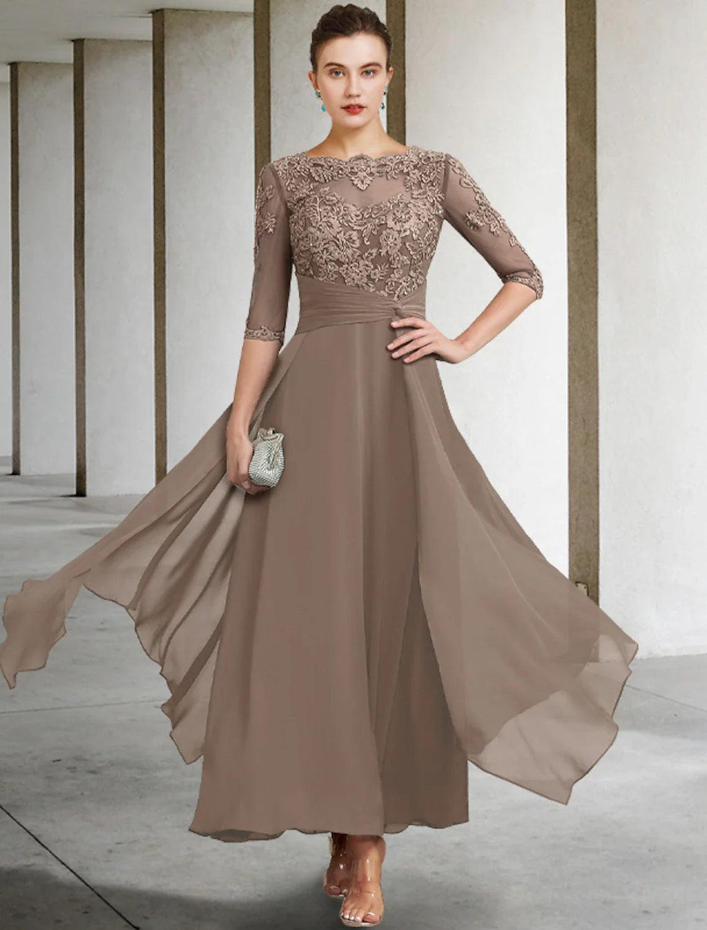 Wedding Guest Elegant Plus Size Jewel Neck Ankle Length Chiffon Lace Half Sleeve with Ruched Beading Appliques Mother of the Bride Dress