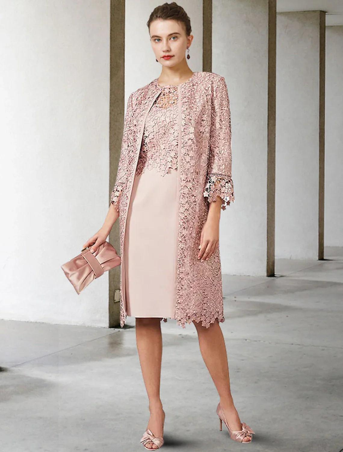 Vestido elegante de dos piezas con cuello joya, largo hasta la rodilla, de gasa, con encaje y manga corta, para madre de la novia.