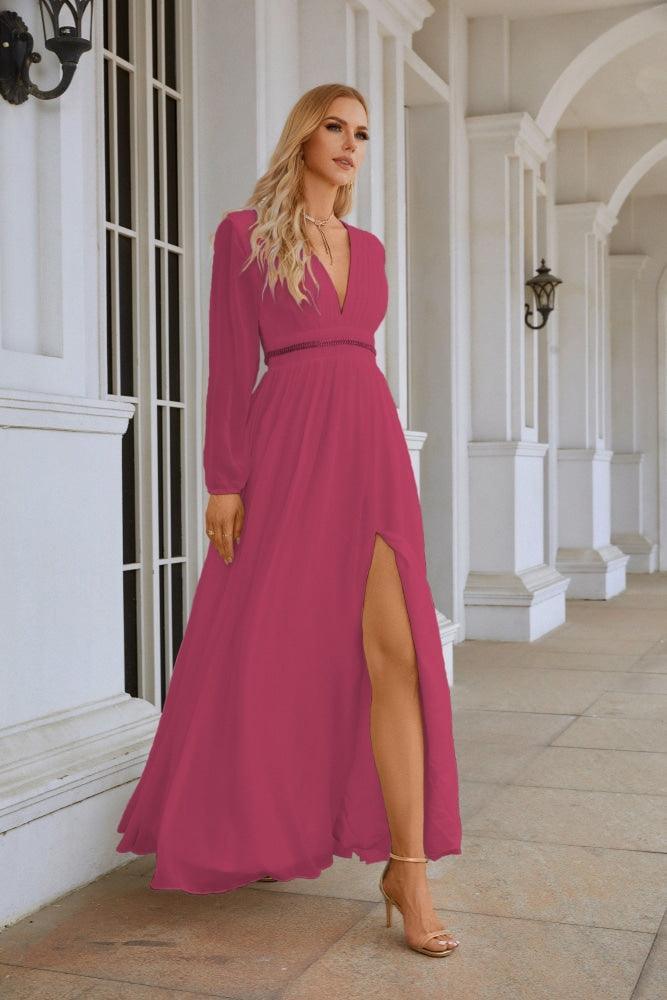 Ladies V Neck Chiffon Long Sleeve Front Slit Bridesmaid Evening Dress Wedding Party Shopping Evening Dress 28109-numbersea