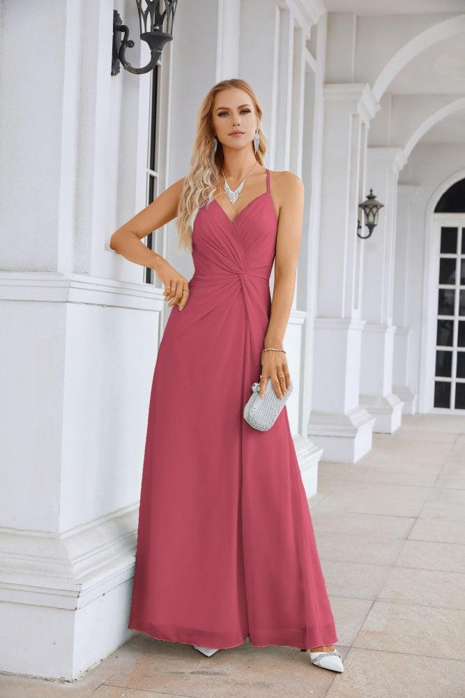 Ladies Chiffon Spaghetti Strap V Neck Front Slit Floor Length Bridesmaid Evening Dress Prom Party Wedding Evening Dress 28116-numbersea