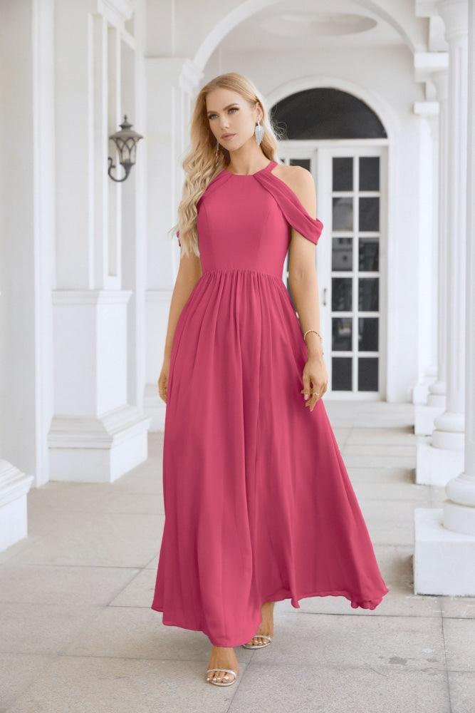 Ladies Chiffon Off Shoulder Swing Sleeve Front Slit Bridesmaid Evening Dress Wedding Party Evening Dress 28117-numbersea