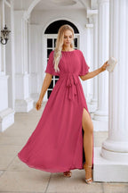 Ladies Chiffon Sleeve Crew Neck Front Slit Floor Length Bridesmaid Evening Dress Wedding Party Evening Dress 28124-numbersea