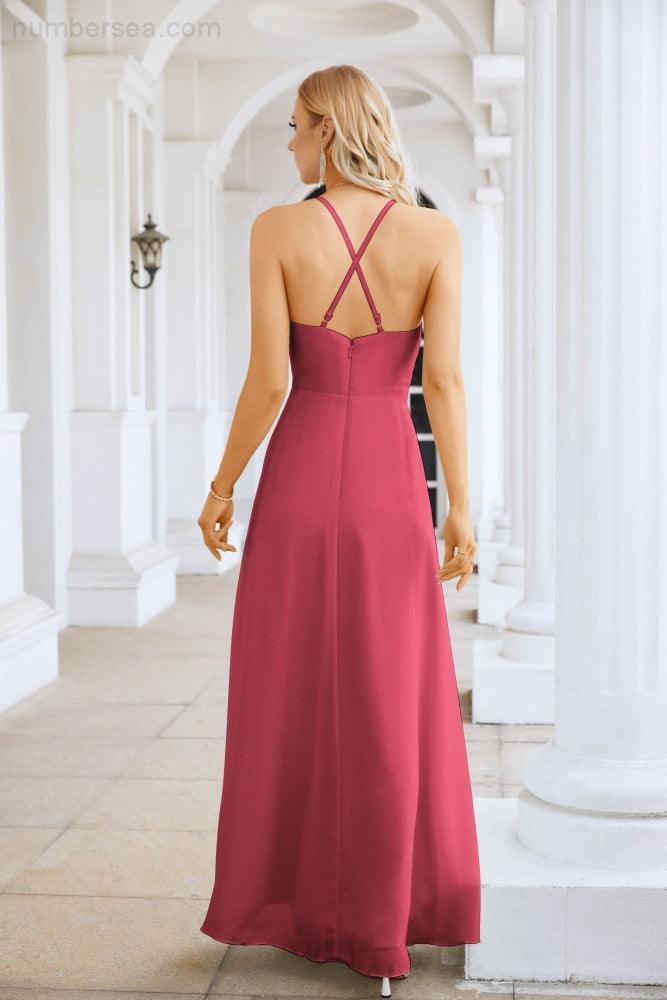 Ladies Chiffon Spaghetti Strap V Neck Front Slit Floor Length Bridesmaid Evening Dress Prom Party Wedding Evening Dress 28116-numbersea