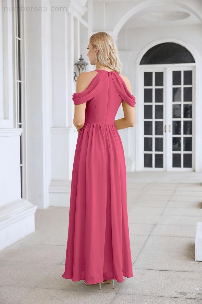 Ladies Chiffon Off Shoulder Swing Sleeve Front Slit Bridesmaid Evening Dress Wedding Party Evening Dress 28117-numbersea