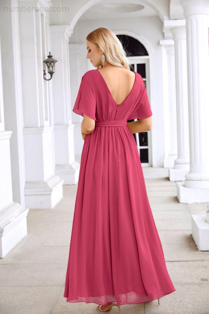 Ladies Chiffon Sleeve Crew Neck Front Slit Floor Length Bridesmaid Evening Dress Wedding Party Evening Dress 28124-numbersea