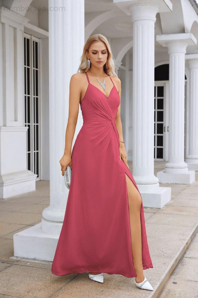 Ladies Chiffon Spaghetti Strap V Neck Front Slit Floor Length Bridesmaid Evening Dress Prom Party Wedding Evening Dress 28116-numbersea