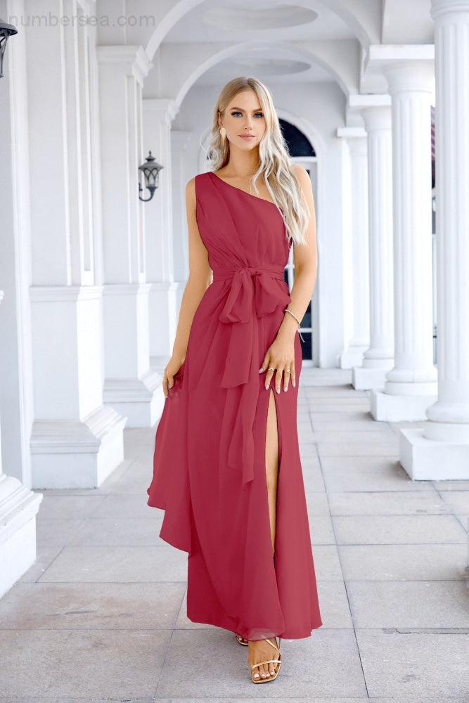 Ladies Chiffon One Shoulder Bridesmaid Evening Dress Wedding Party Evening Dress 28133-numbersea