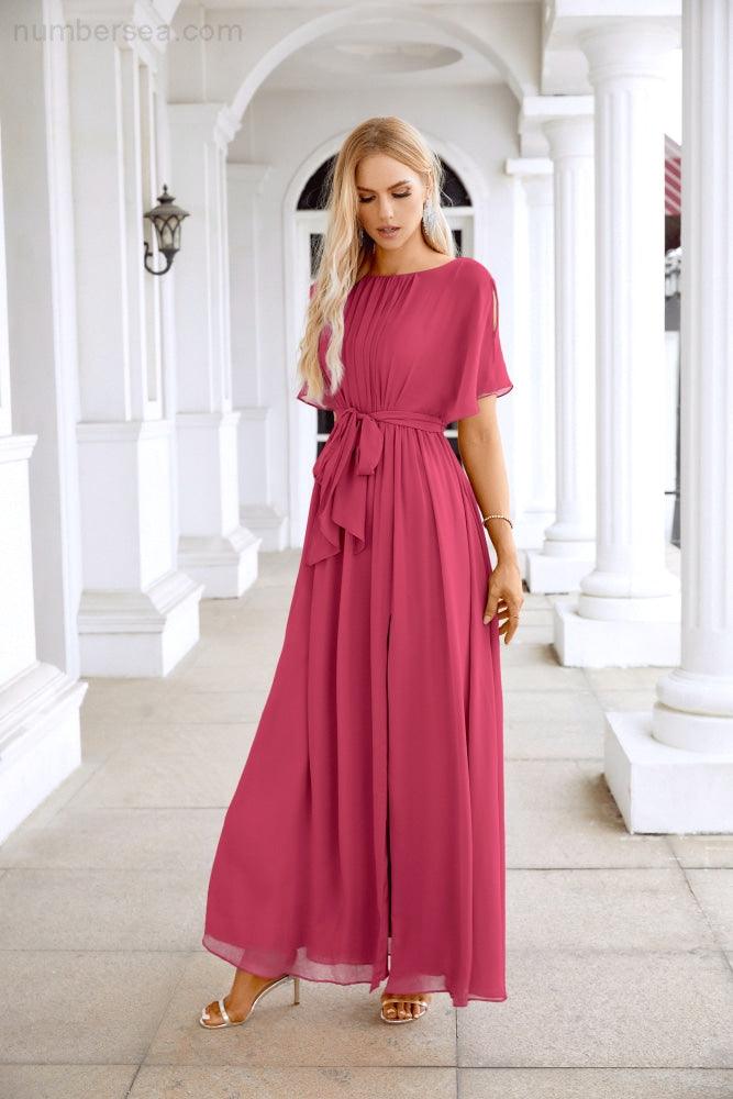 Ladies Chiffon Sleeve Crew Neck Front Slit Floor Length Bridesmaid Evening Dress Wedding Party Evening Dress 28124-numbersea
