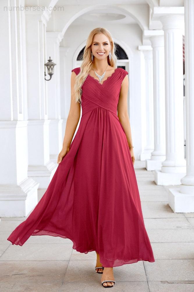 Ladies Chiffon V Neck Sleeveless Floor Length Bridesmaid Evening Dress Wedding Party Evening Dress 28126-numbersea