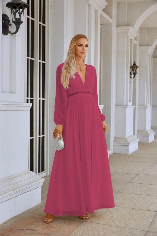 Ladies V Neck Chiffon Long Sleeve Front Slit Bridesmaid Evening Dress Wedding Party Shopping Evening Dress 28109-numbersea