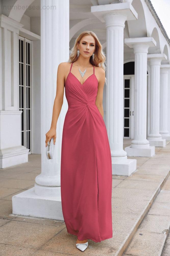 Ladies Chiffon Spaghetti Strap V Neck Front Slit Floor Length Bridesmaid Evening Dress Prom Party Wedding Evening Dress 28116-numbersea