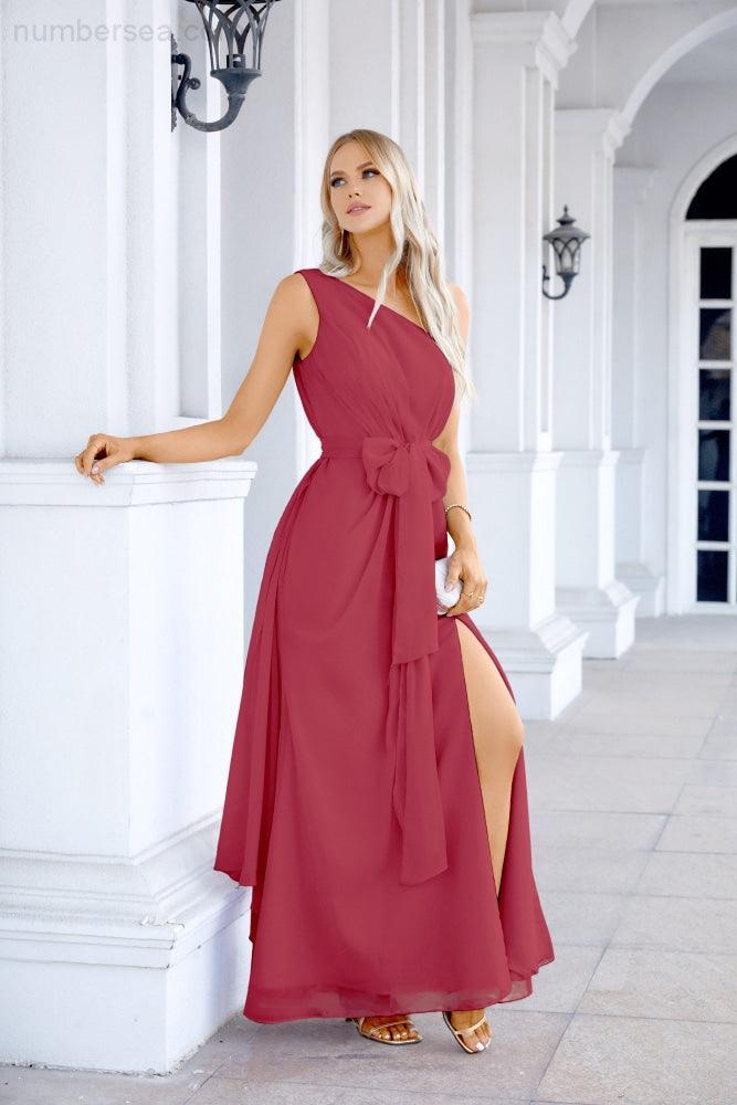 Ladies Chiffon One Shoulder Bridesmaid Evening Dress Wedding Party Evening Dress 28133-numbersea