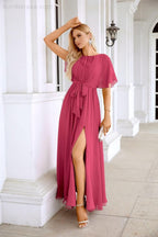 Ladies Chiffon Sleeve Crew Neck Front Slit Floor Length Bridesmaid Evening Dress Wedding Party Evening Dress 28124-numbersea