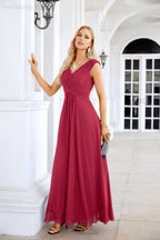 Ladies Chiffon V Neck Sleeveless Floor Length Bridesmaid Evening Dress Wedding Party Evening Dress 28126-numbersea