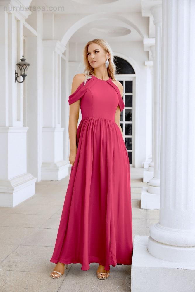 Ladies Chiffon Off Shoulder Swing Sleeve Front Slit Bridesmaid Evening Dress Wedding Party Evening Dress 28117-numbersea