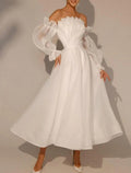Vestidos de novia de corte A, escote cuadrado, manga larga, largo hasta los tobillos, con pliegues, color liso