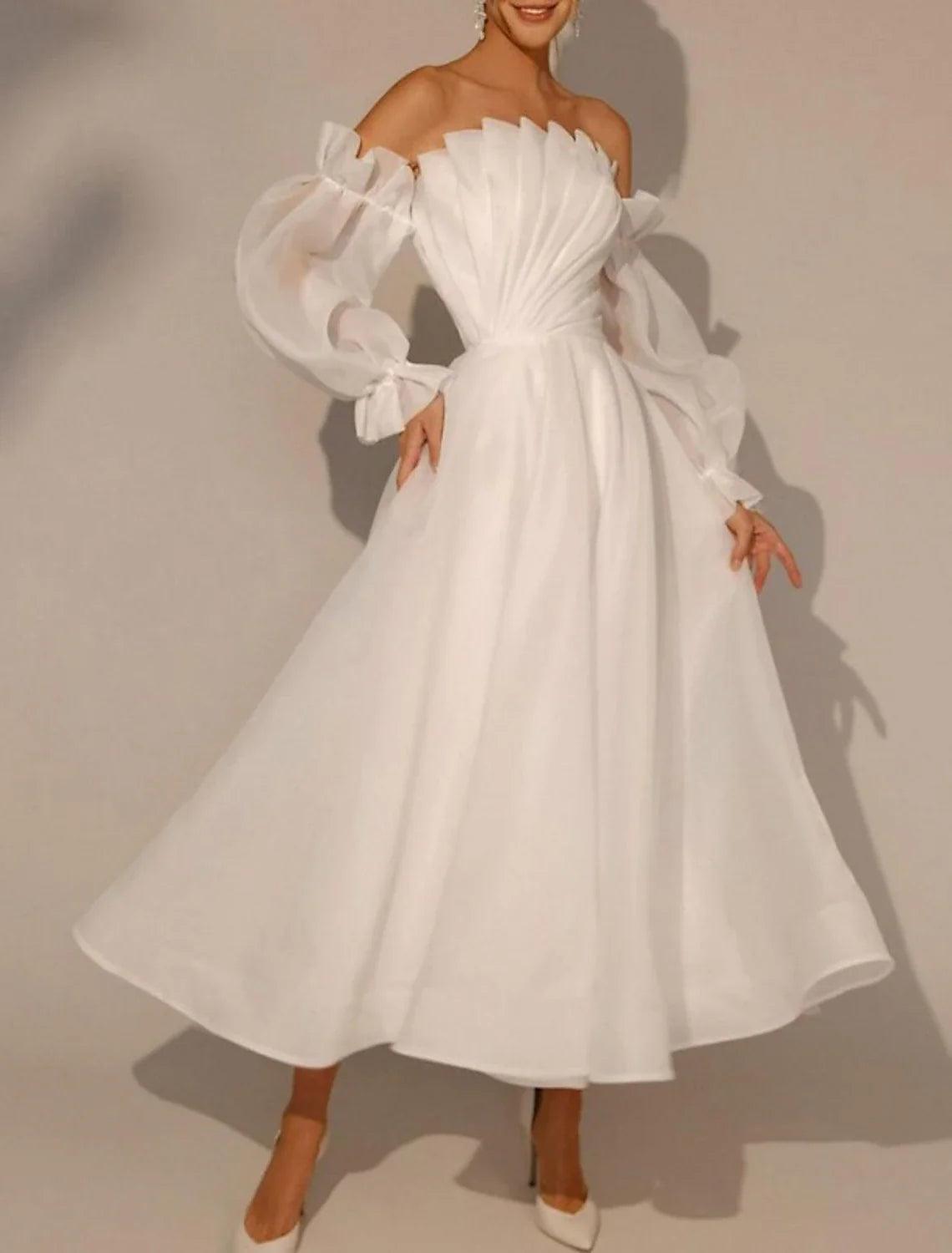 Vestidos de novia de corte A, escote cuadrado, manga larga, largo hasta los tobillos, con pliegues, color liso