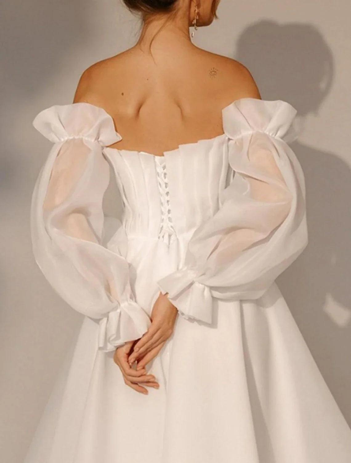 Vestidos de novia de corte A, escote cuadrado, manga larga, largo hasta los tobillos, con pliegues, color liso