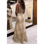 Vestido de noche para fiesta, graduación, con escote en V, tirantes finos, apliques de encaje y cola con abertura lateral 