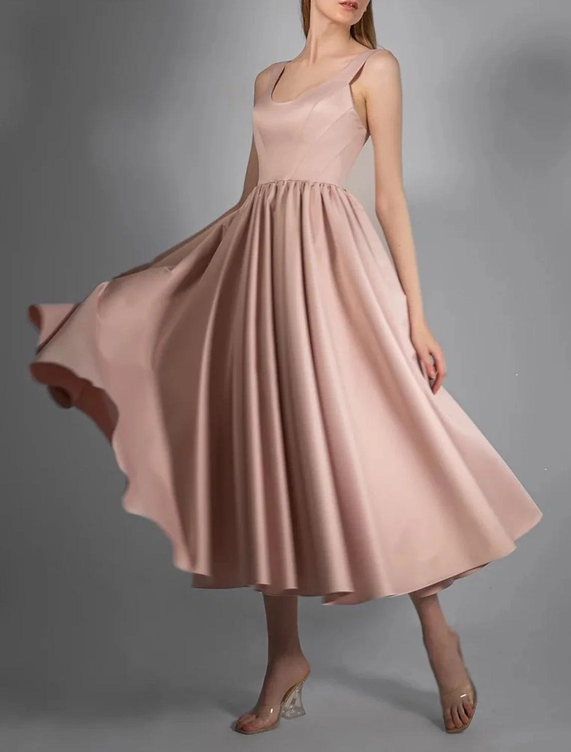 Vestidos de novia de satén con pliegues, corte A, escote redondo, sin mangas, largo hasta la rodilla, color liso