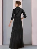 Vestido elegante para madre de la novia, talla grande, cuello camisero alto bajo, asimétrico, largo hasta el suelo, satén, manga 3/4, con faja/cinta, lazo(s), pliegues.